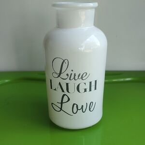 White Glass Vase with 'Live Laugh Love' Text